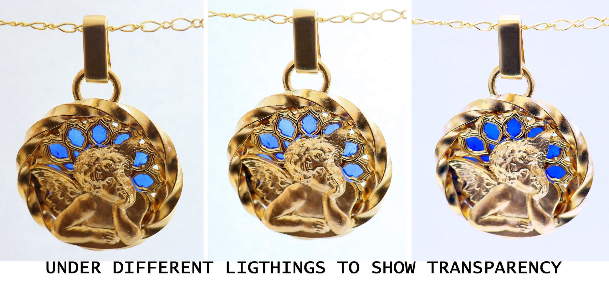 Vintage Gold Plated Plique-à-Jour V. Large Raphael Angel Putto Pendant Signed Augis w Vermeil Chain