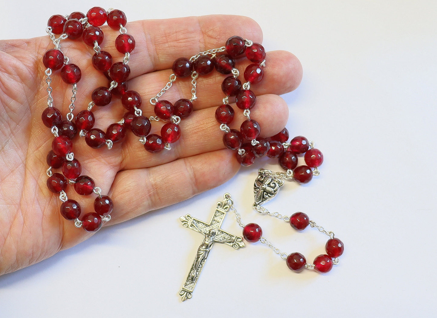Vintage Faceted Garnet & Sterling Silver Large Catholic French Rosary, Pristine, Rare