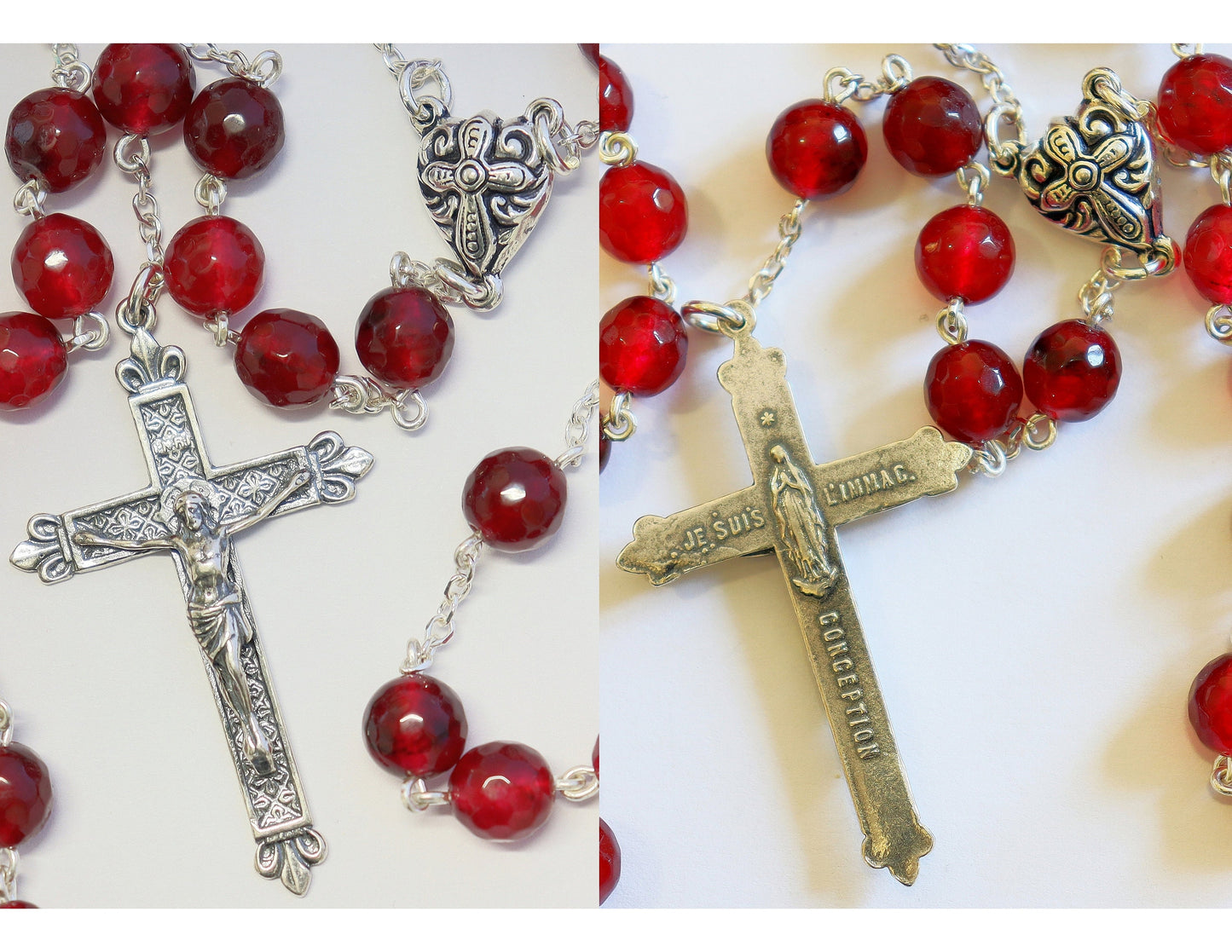 Vintage Faceted Garnet & Sterling Silver Large Catholic French Rosary, Pristine, Rare