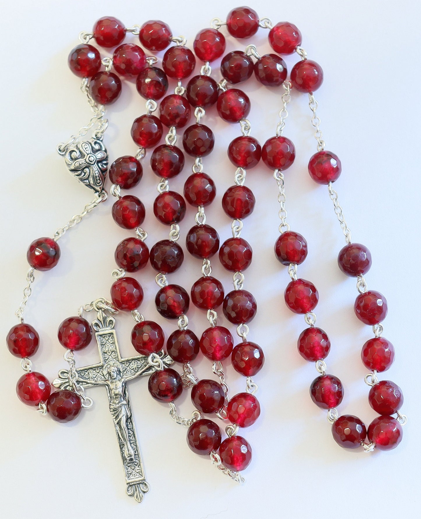 Vintage Faceted Garnet & Sterling Silver Large Catholic French Rosary, Pristine, Rare