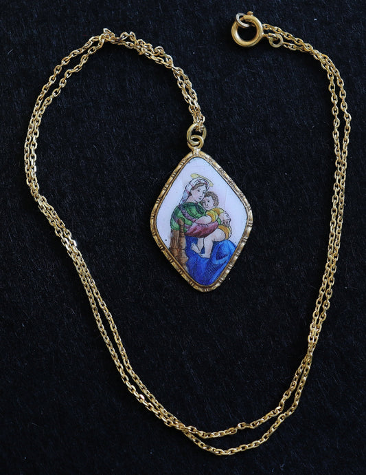 Vintage Medal Mary and Child Hand Painted Miniature in Gold plated Frame w chain- V.Rare
