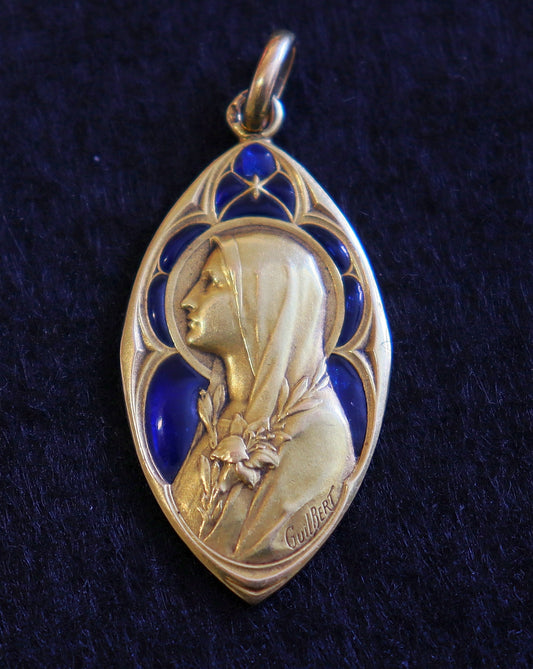 Antique 18 K Gold Plique-à-Jour Virgin Mary Heavy Pendant By Gilbert -dd 1918 - Very Rare