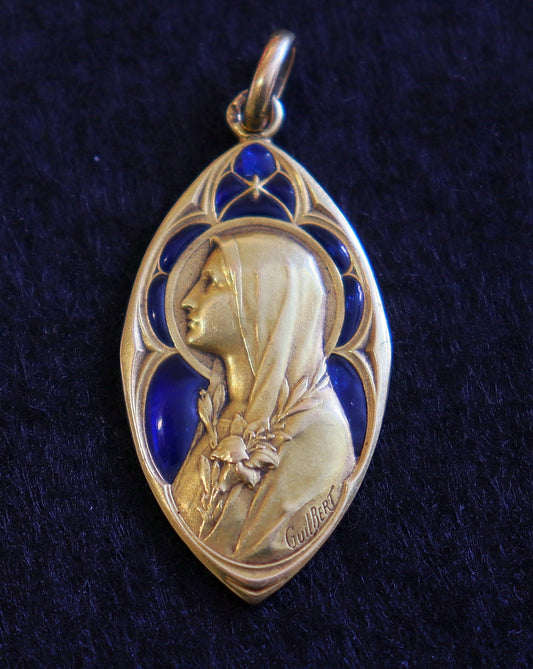 Antique 18 K Gold Plique-à-Jour Virgin Mary Heavy Pendant By Gilbert -dd 1918 - Very Rare
