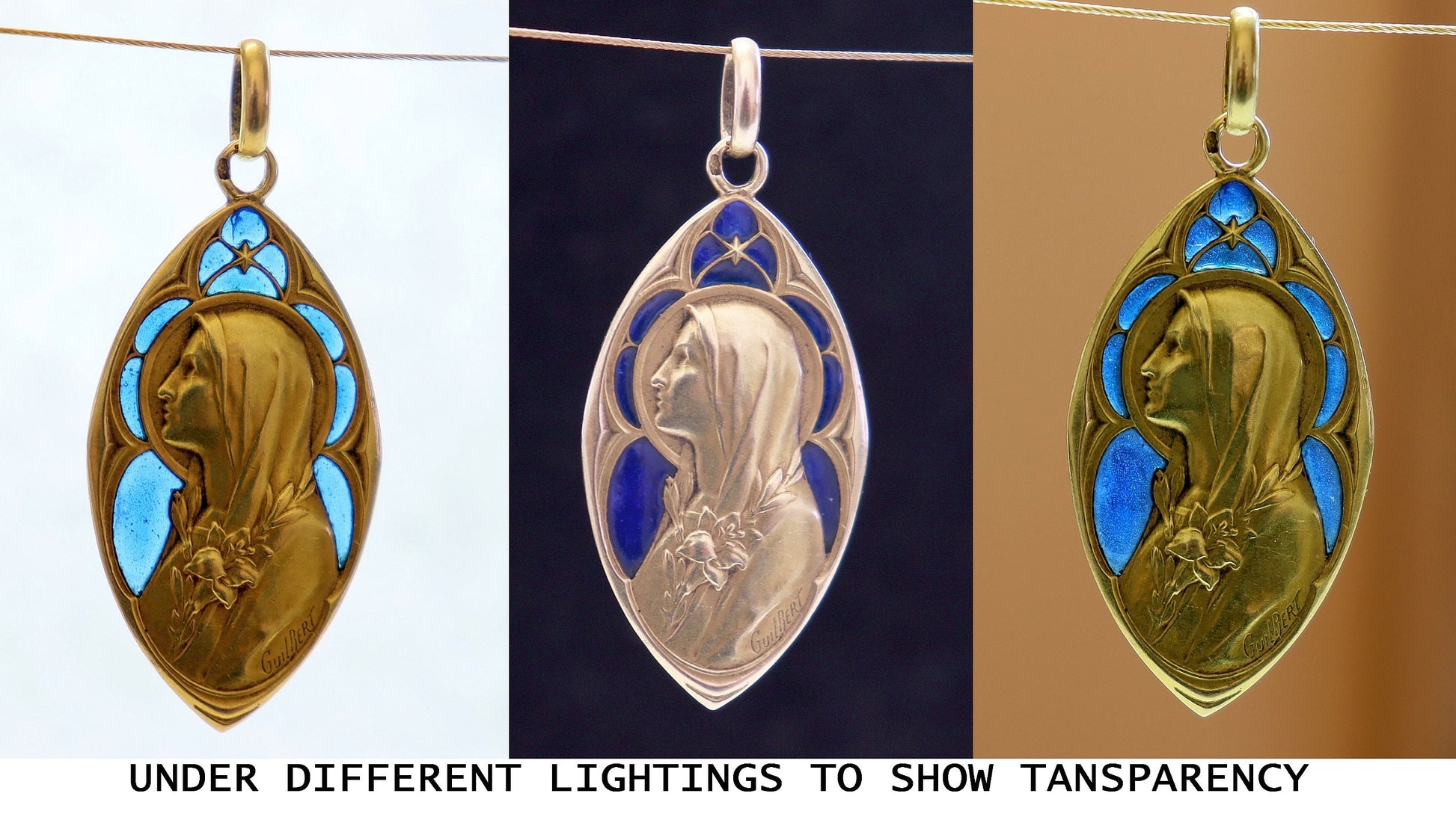 Antique 18 K Gold Plique-à-Jour Virgin Mary Heavy Pendant By Gilbert -dd 1918 - Very Rare