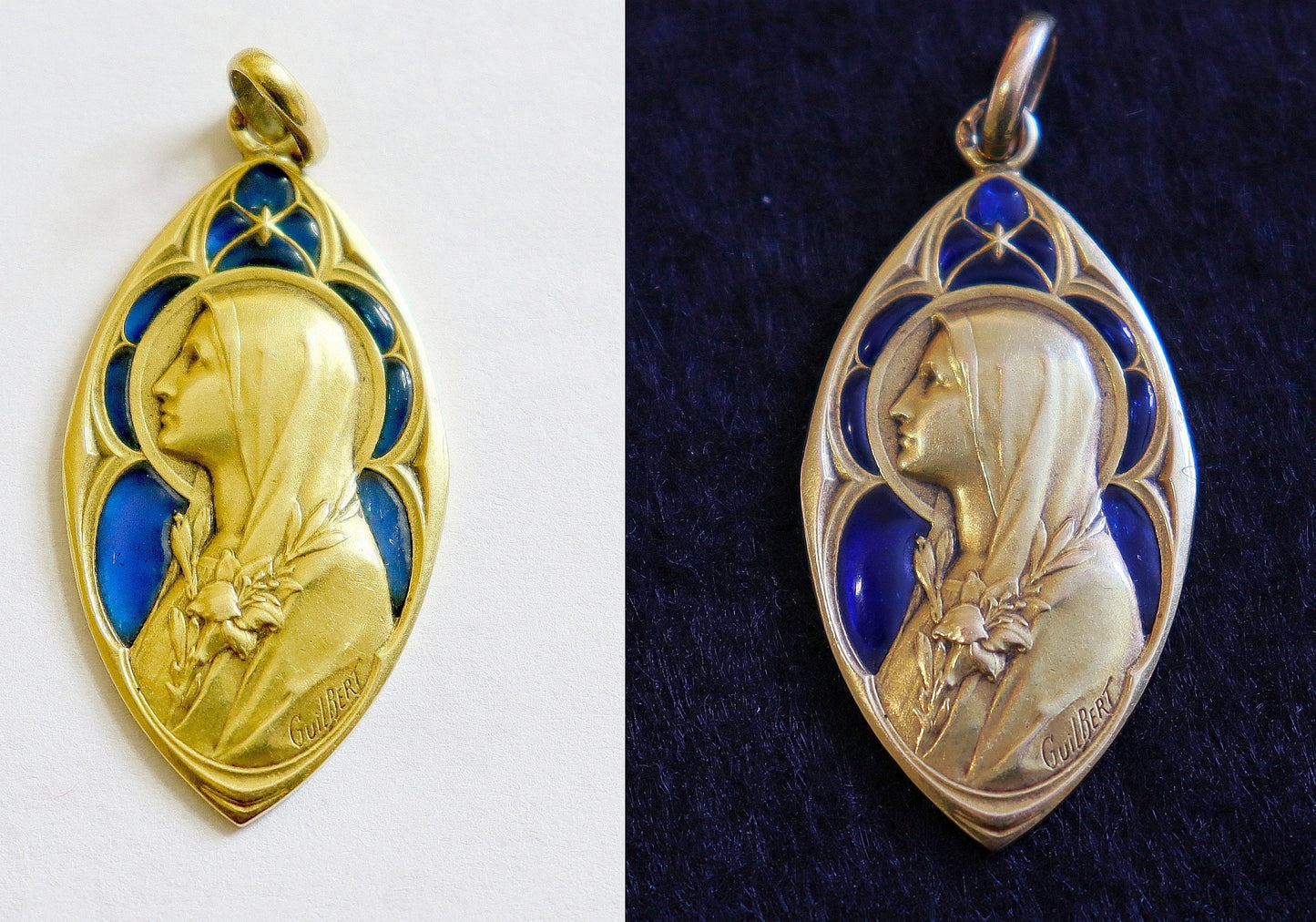 Antique 18 K Gold Plique-à-Jour Virgin Mary Heavy Pendant By Gilbert -dd 1918 - Very Rare