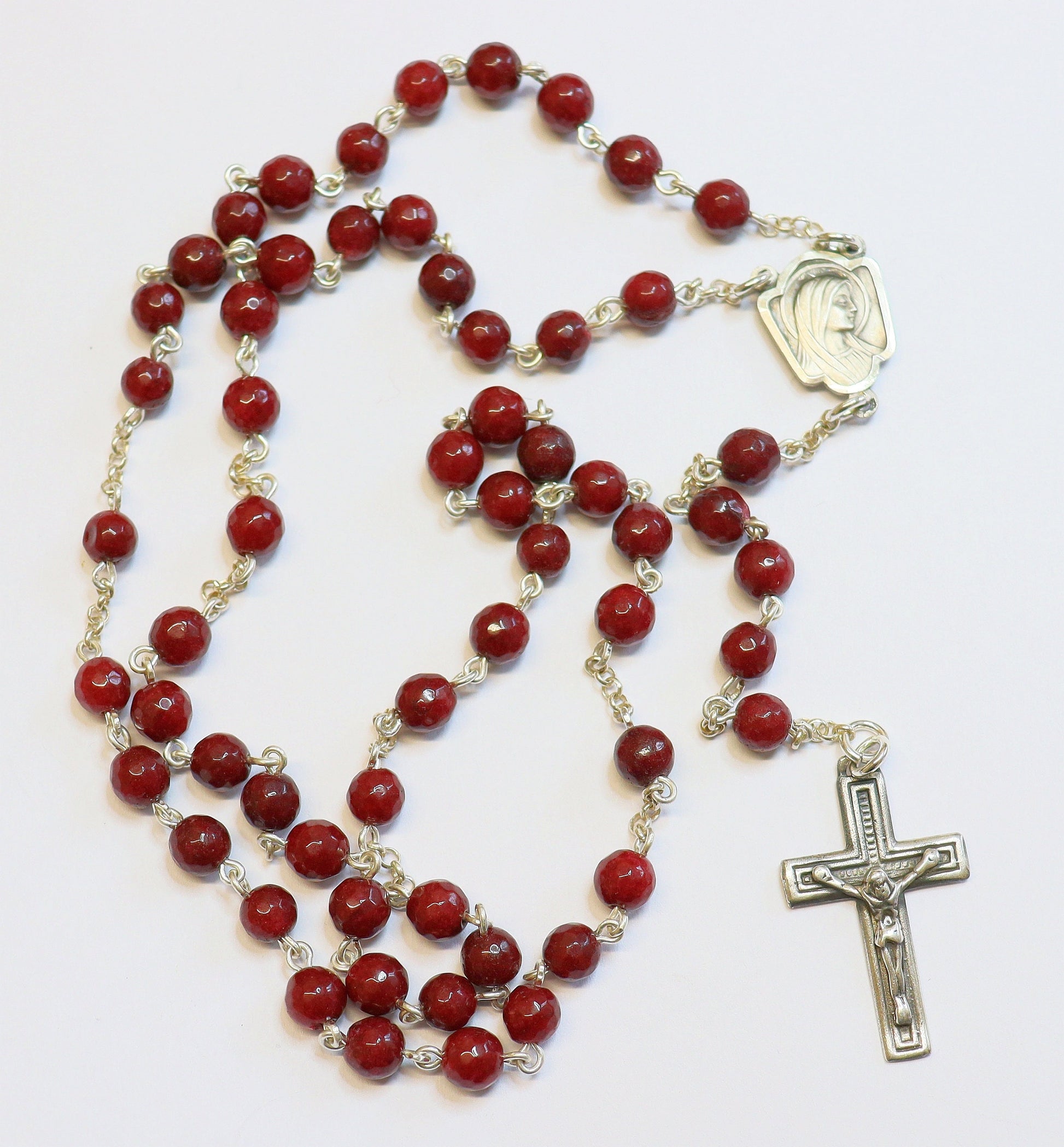 Catholic Chain Rosary Genuine Faceted Ruby and Sterling Silver