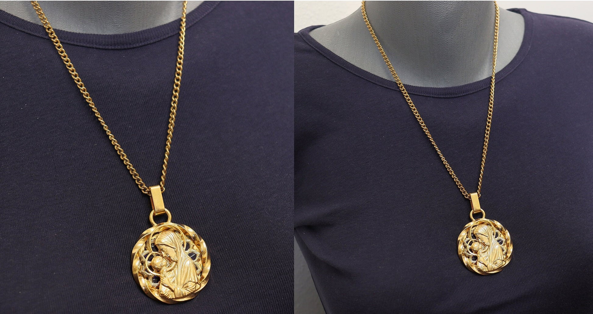 Plique-à-Jour Vintage Gold Plated V. Large Mary & Jesus Pendant w Chain by Augis