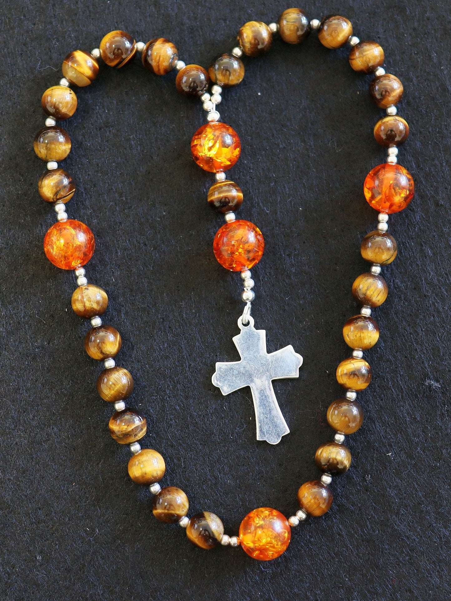 Anglican Episcopal Rosary Prayer Beads Tiger Eye, Amber and Sterling Silver