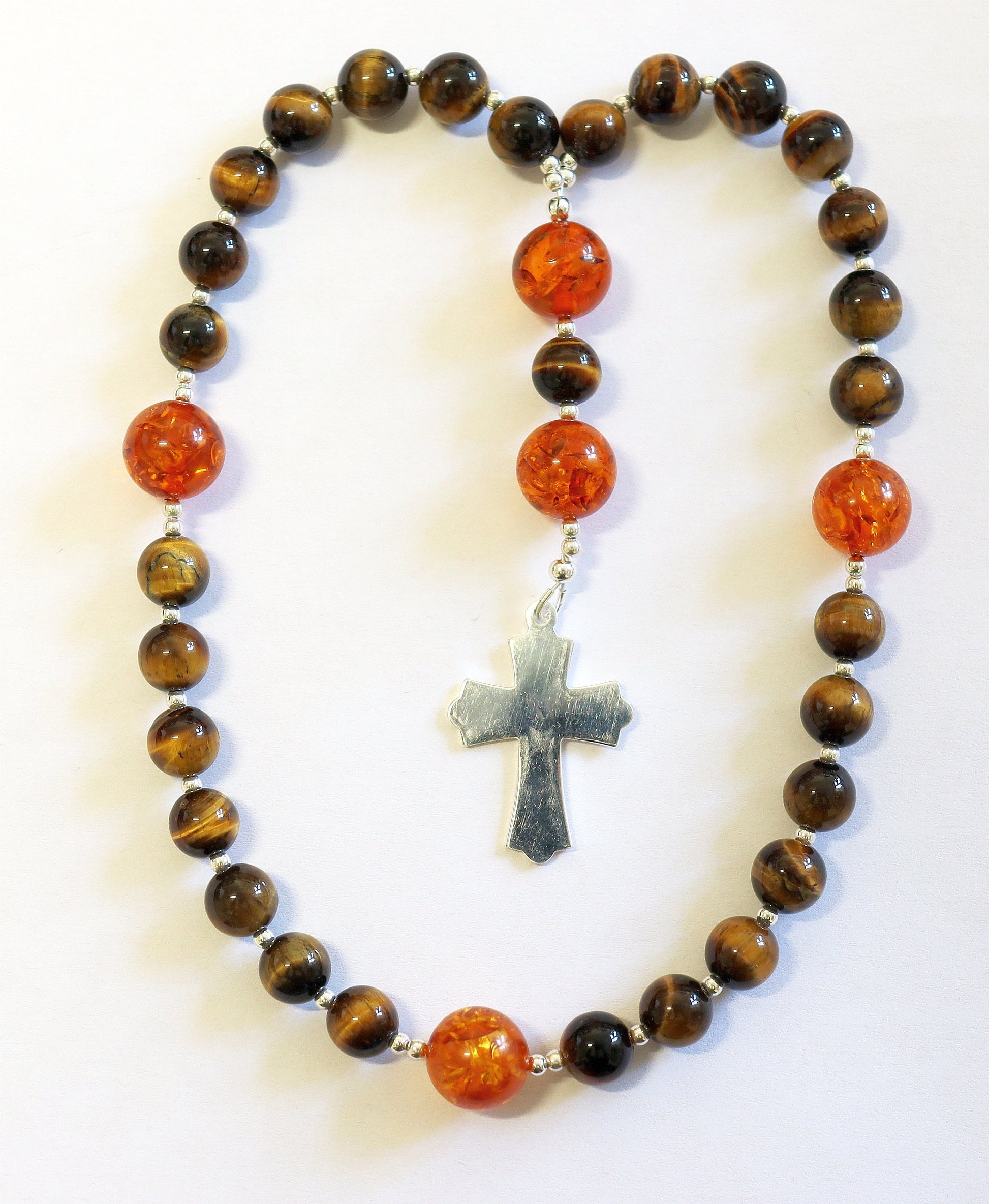 Anglican Episcopal Rosary Prayer Beads Tiger Eye, Amber and Sterling Silver