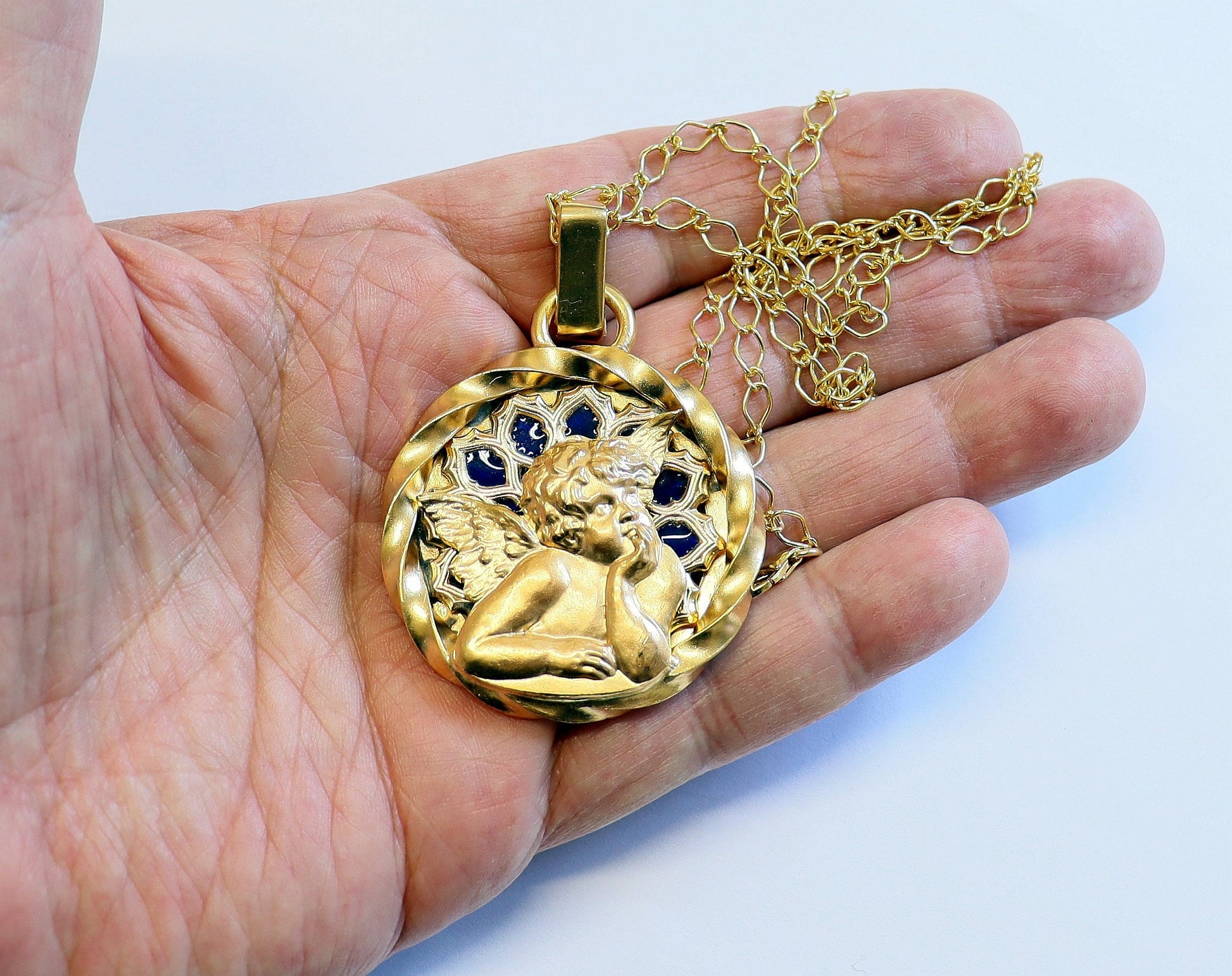 Vintage Gold Plated Plique-à-Jour V. Large Raphael Angel Putto Pendant Signed Augis w Vermeil Chain