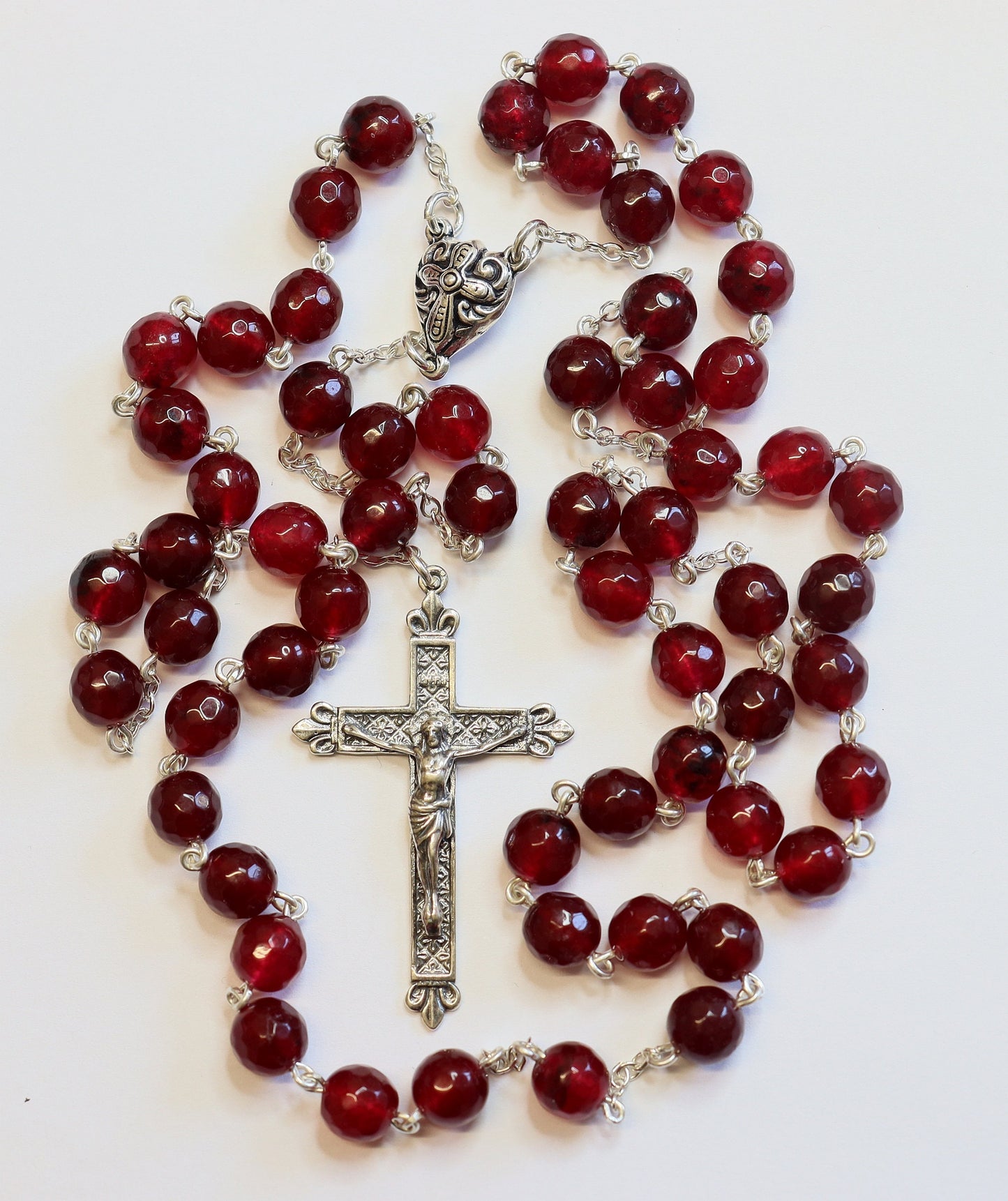 Vintage Faceted Garnet & Sterling Silver Large Catholic French Rosary, Pristine, Rare