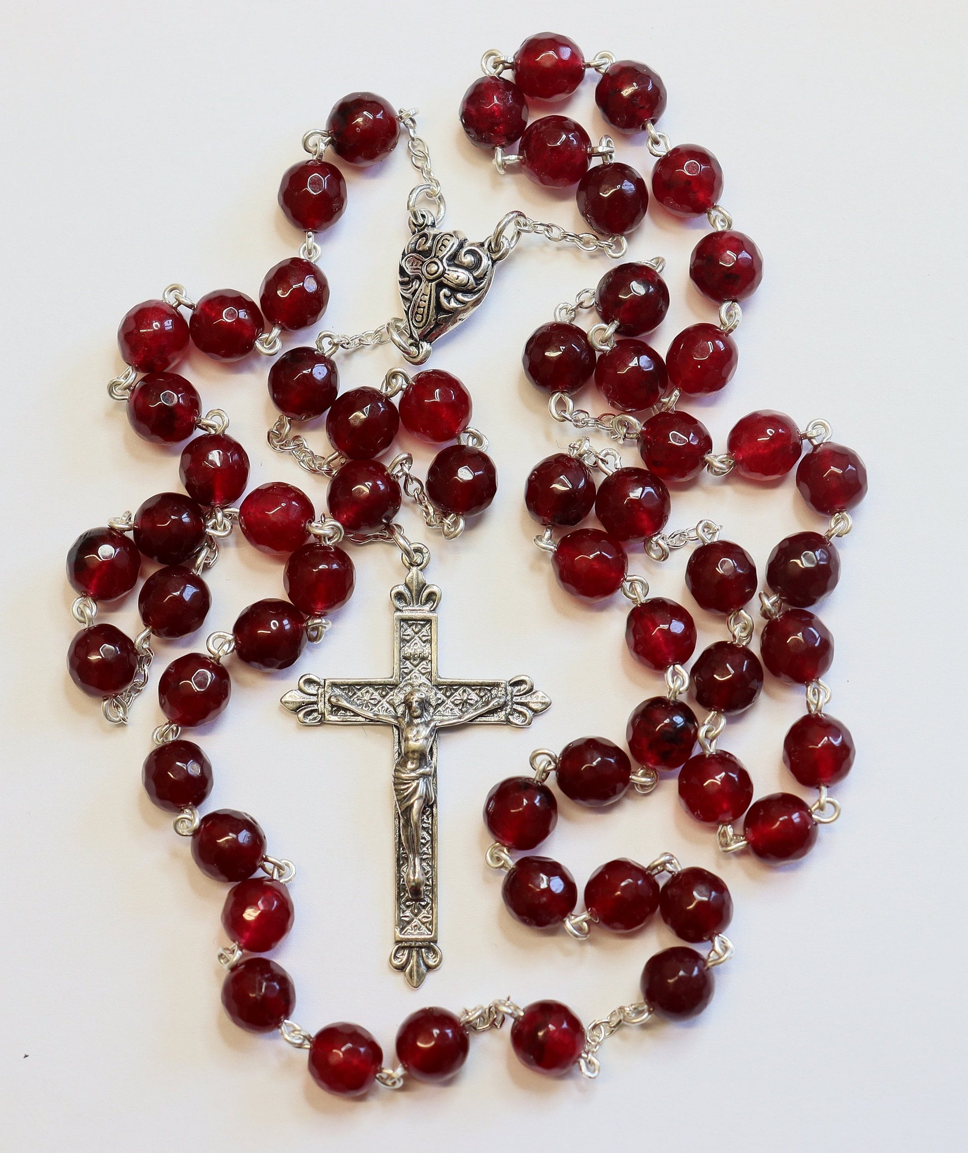 Vintage Faceted Garnet & Sterling Silver Large Catholic French Rosary, Pristine, Rare