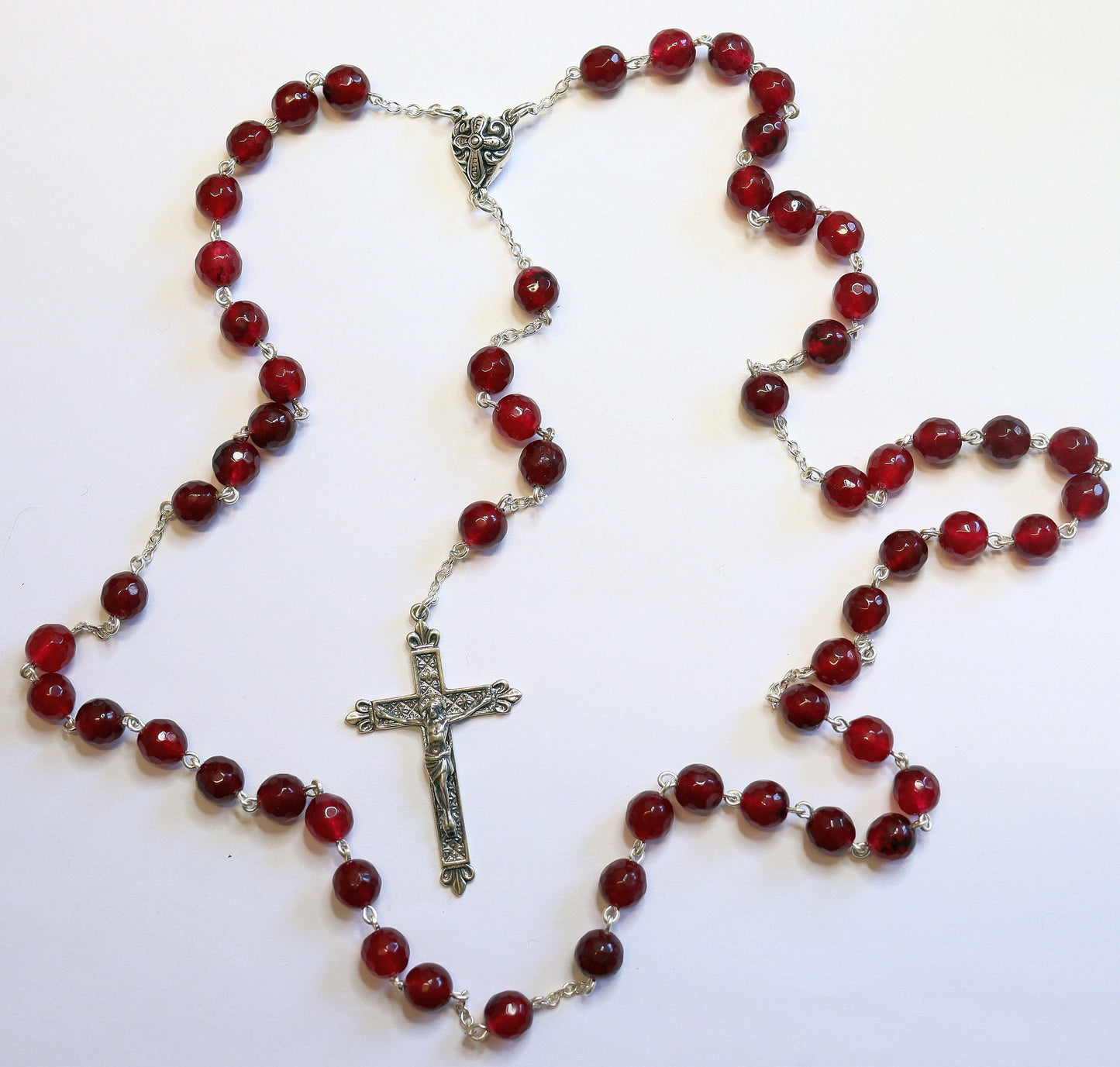 Vintage Faceted Garnet & Sterling Silver Large Catholic French Rosary, Pristine, Rare