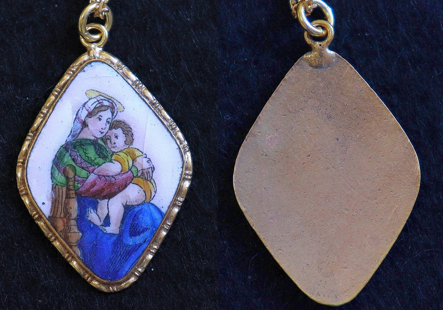 Vintage Medal Mary and Child Hand Painted Miniature in Gold plated Frame w chain- V.Rare