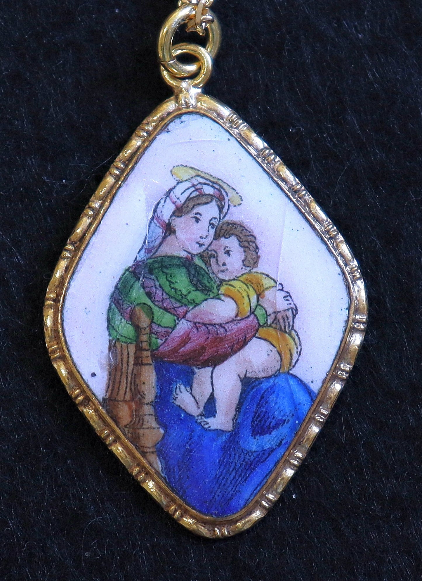 Vintage Medal Mary and Child Hand Painted Miniature in Gold plated Frame w chain- V.Rare