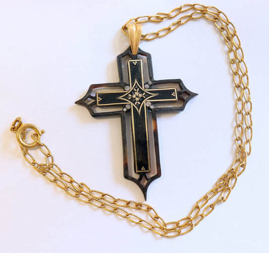 V. Rare French Shell & 18 K Gold Pectoral Cross Napoleon III w chain - Pristine