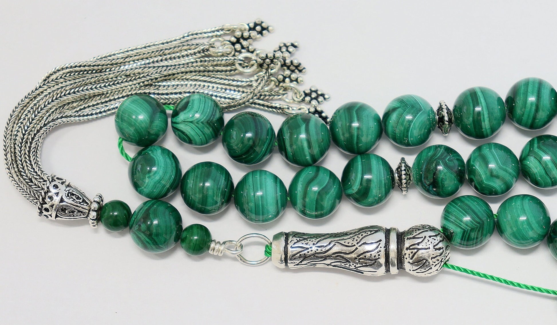 Luxury Prayer Beads Tesbih Rosary AA Grade Malachite & Sterling Silver -Top quality - Large item, Collector's