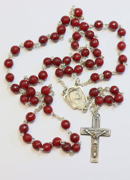 Catholic Chain Rosary Genuine Faceted Ruby and Sterling Silver
