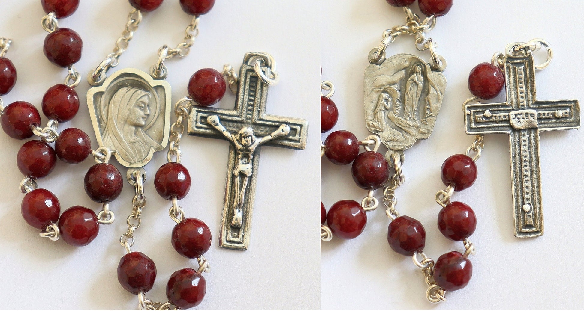 Catholic Chain Rosary Genuine Faceted Ruby and Sterling Silver