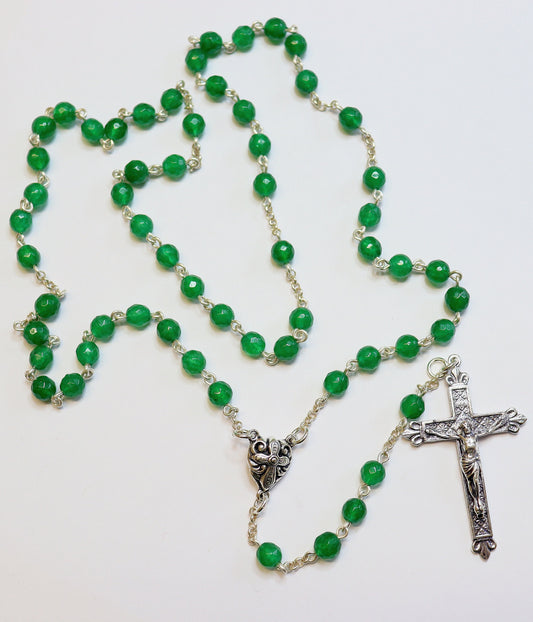 Catholic Chain Rosary Genuine Faceted Emerald and Sterling Silver