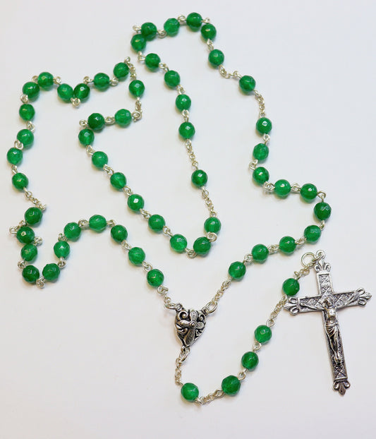 Catholic Chain Rosary Genuine Faceted Emerald and Sterling Silver