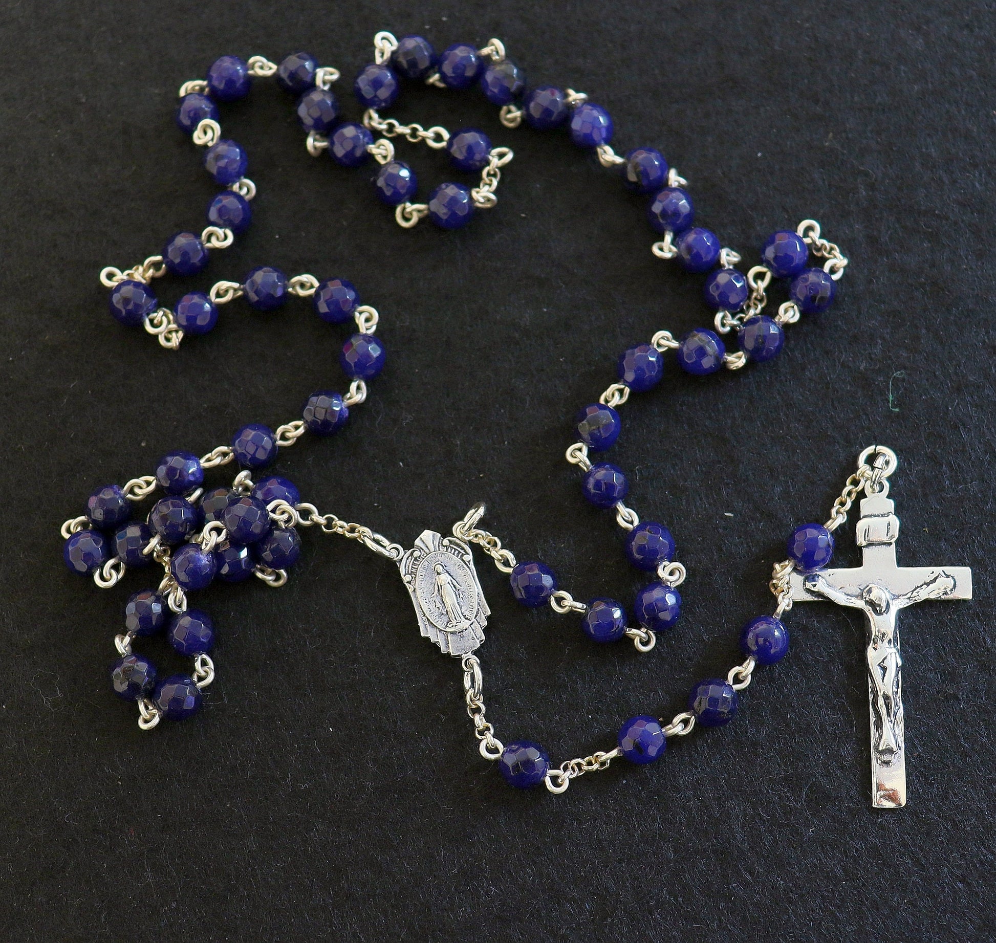 Catholic Chain Rosary Genuine Faceted Sapphire and Sterling Silver