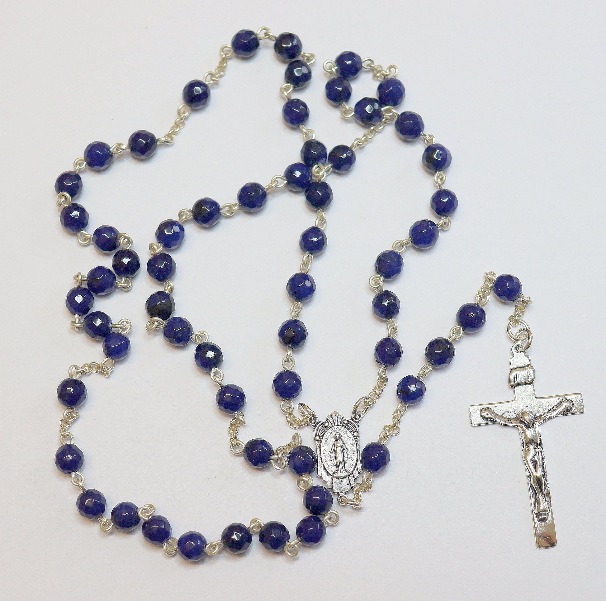 Catholic Chain Rosary Genuine Faceted Sapphire and Sterling Silver