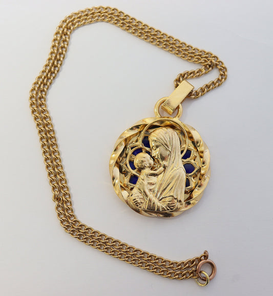 Plique-à-Jour Vintage Gold Plated V. Large Mary & Jesus Pendant w Chain by Augis