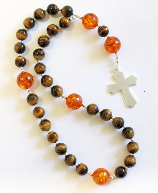 Anglican Episcopal Rosary Prayer Beads Tiger Eye, Amber and Sterling Silver