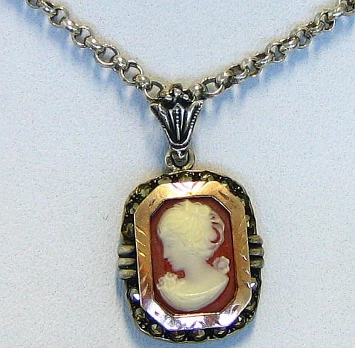 Vintage Shell Cameo Set in Sterling and Gold With Heavy Handmade Sterling Chain