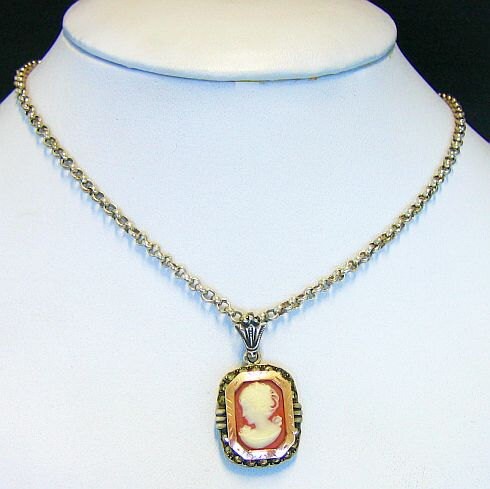 Vintage Shell Cameo Set in Sterling and Gold With Heavy Handmade Sterling Chain