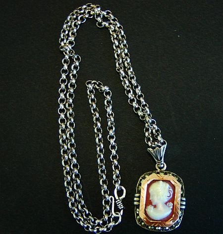Vintage Shell Cameo Set in Sterling and Gold With Heavy Handmade Sterling Chain