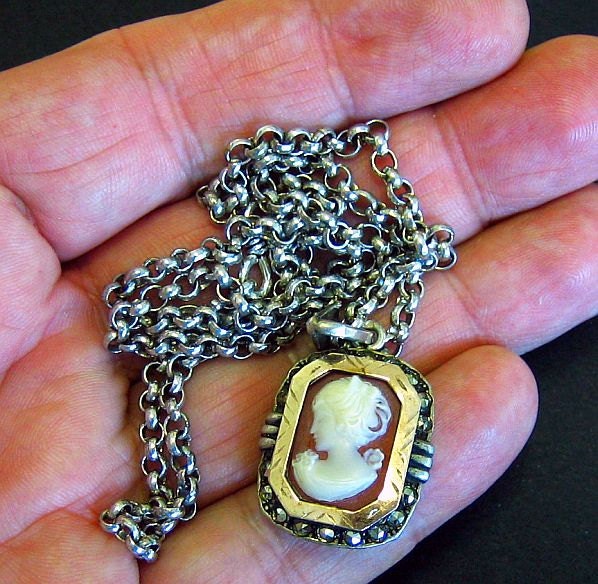 Vintage Shell Cameo Set in Sterling and Gold With Heavy Handmade Sterling Chain