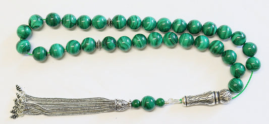 Luxury Prayer Beads Tesbih Rosary AA Grade Malachite & Sterling Silver -Top quality - Large item, Collector's