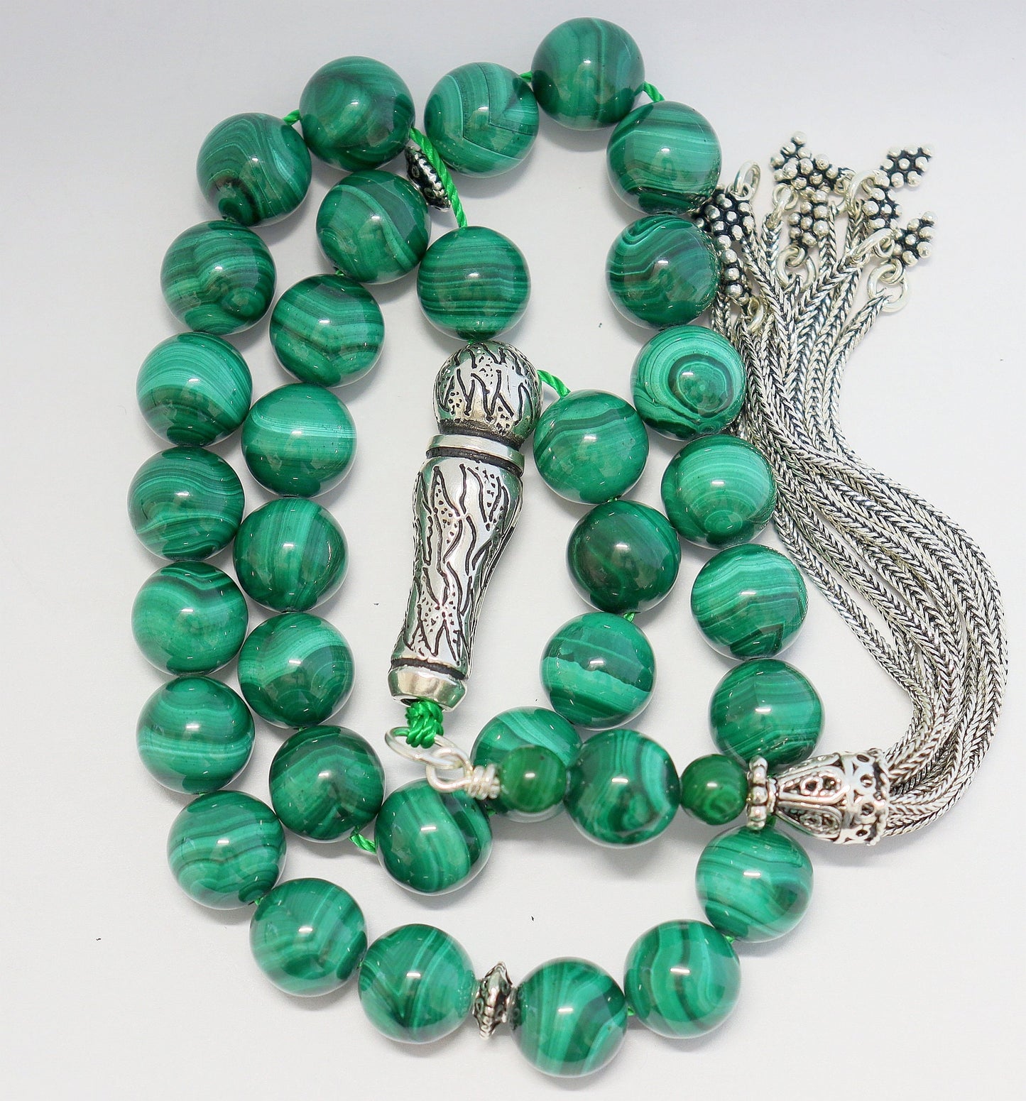 Luxury Prayer Beads Tesbih Rosary AA Grade Malachite & Sterling Silver -Top quality - Large item, Collector's