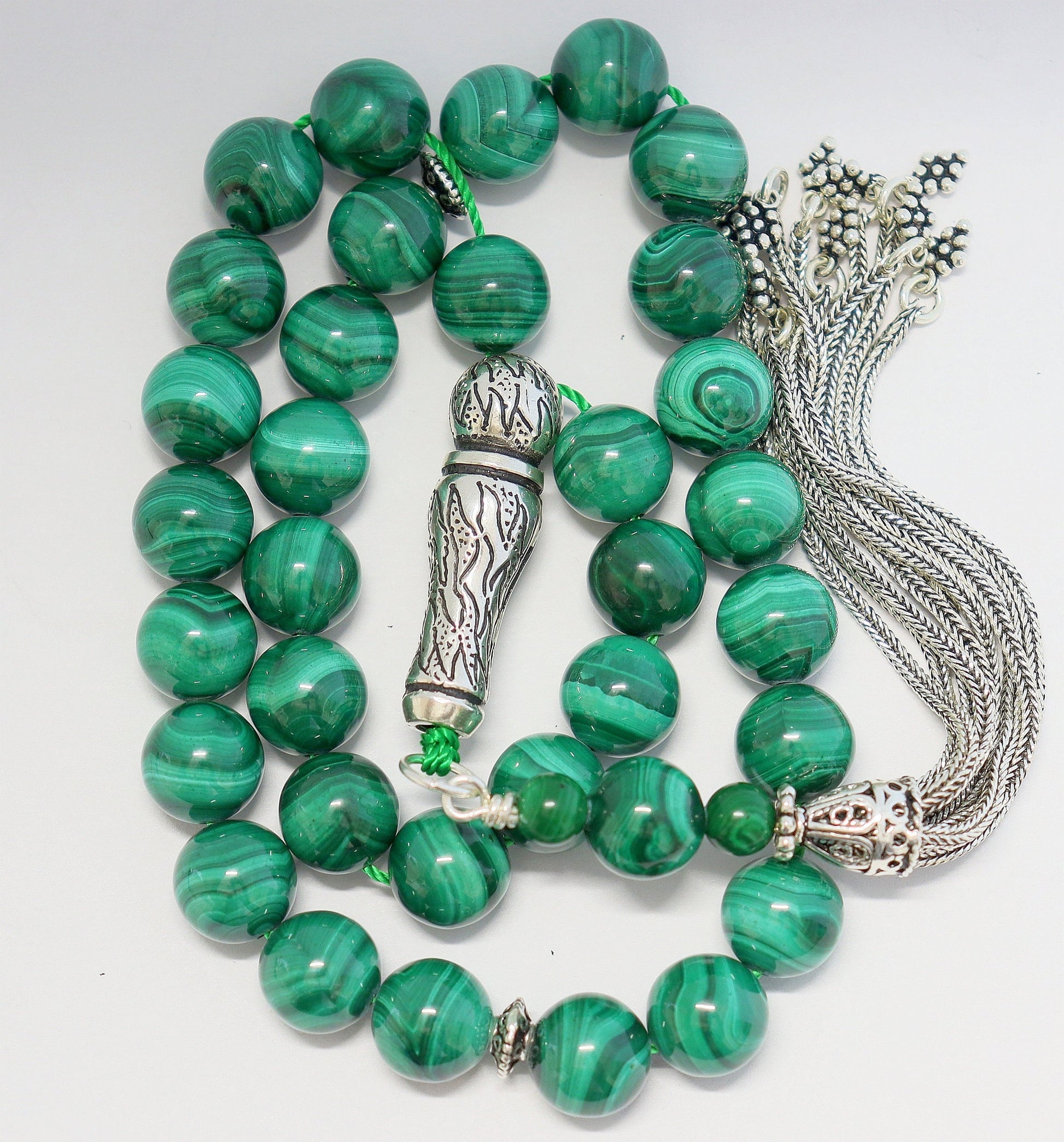 Luxury Prayer Beads Tesbih Rosary AA Grade Malachite & Sterling Silver -Top quality - Large item, Collector's