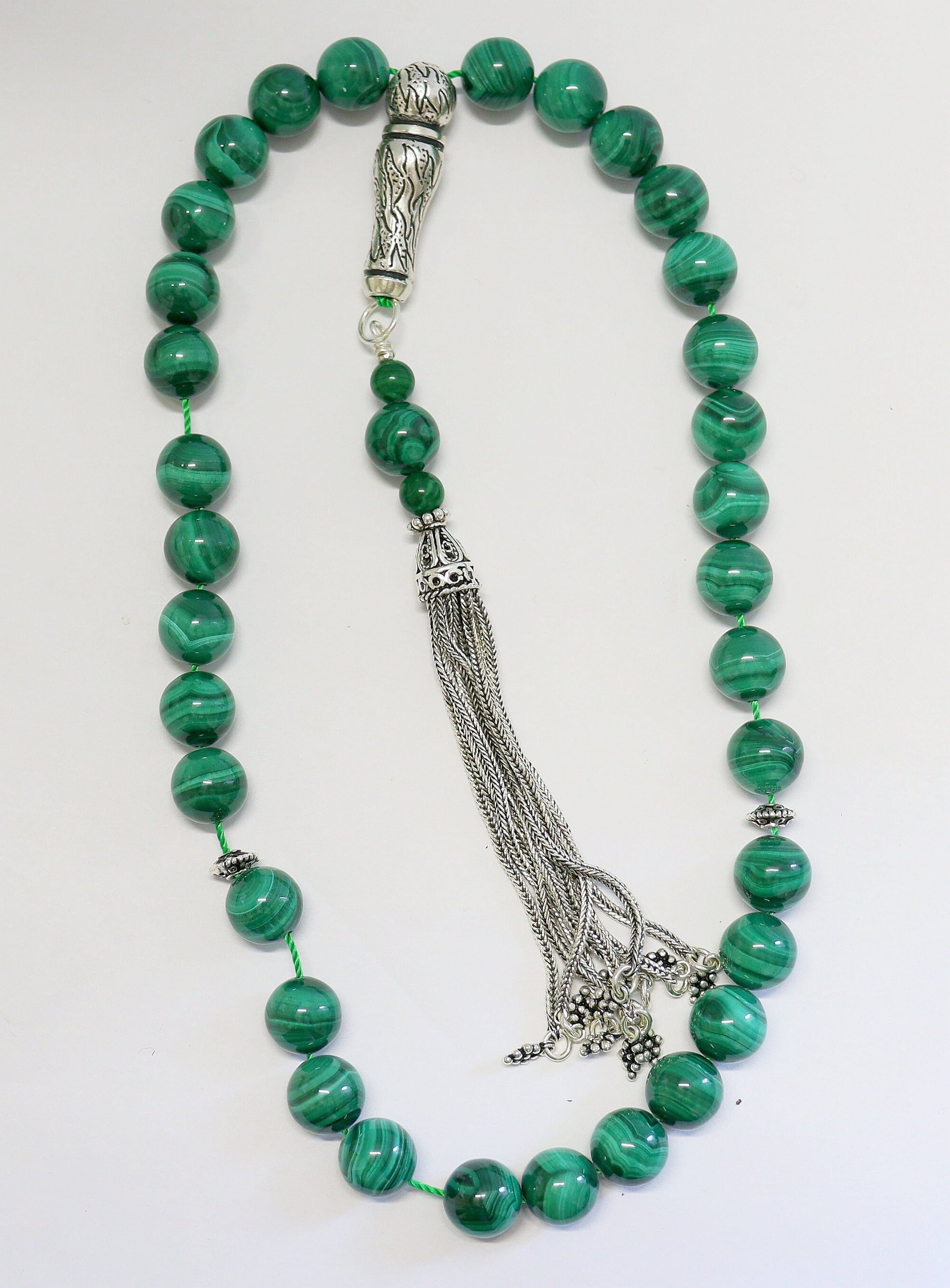 Luxury Prayer Beads Tesbih Rosary AA Grade Malachite & Sterling Silver -Top quality - Large item, Collector's