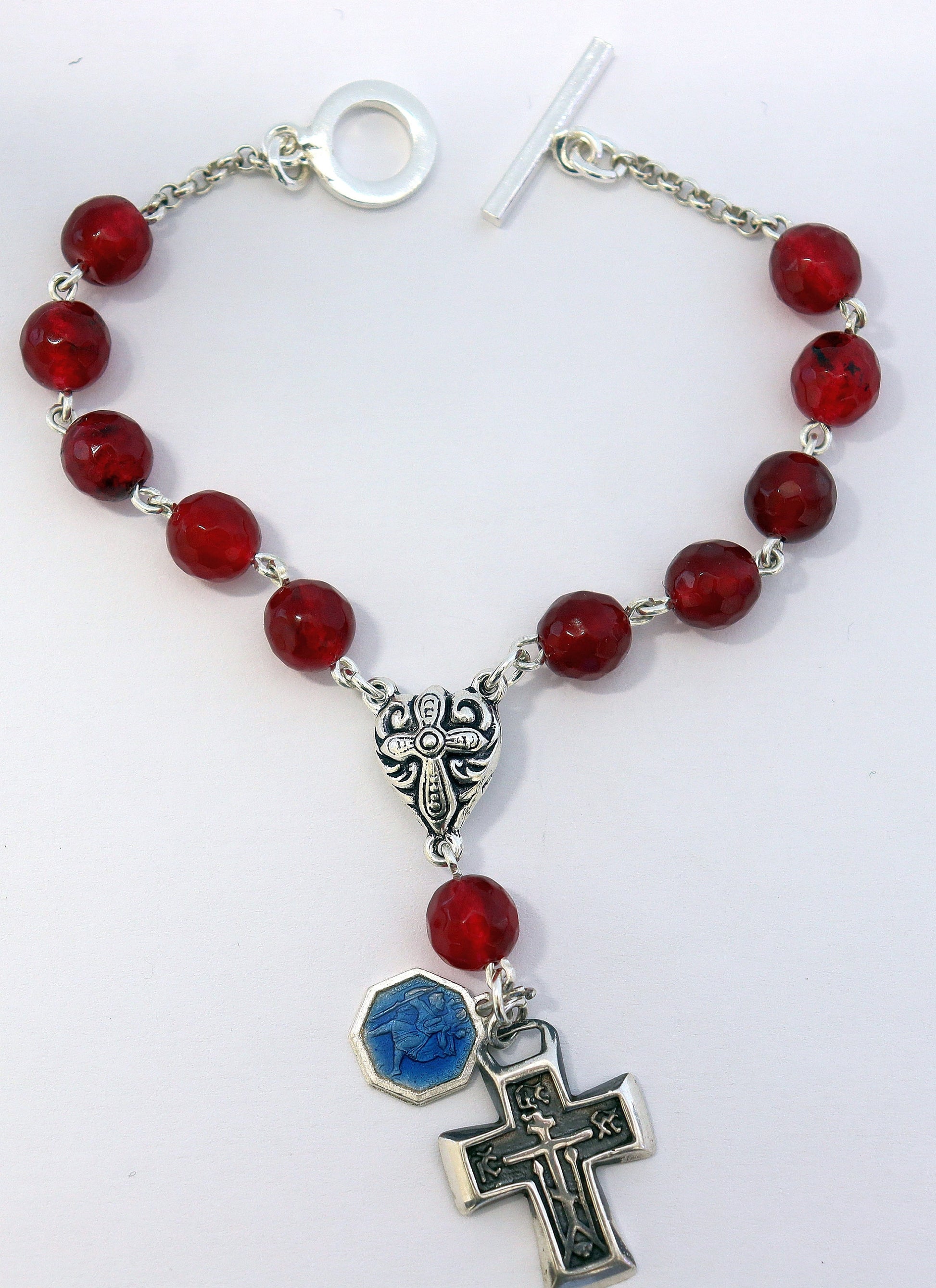 Catholic Rosary Bracelet Faceted Garnet & Sterling Silver