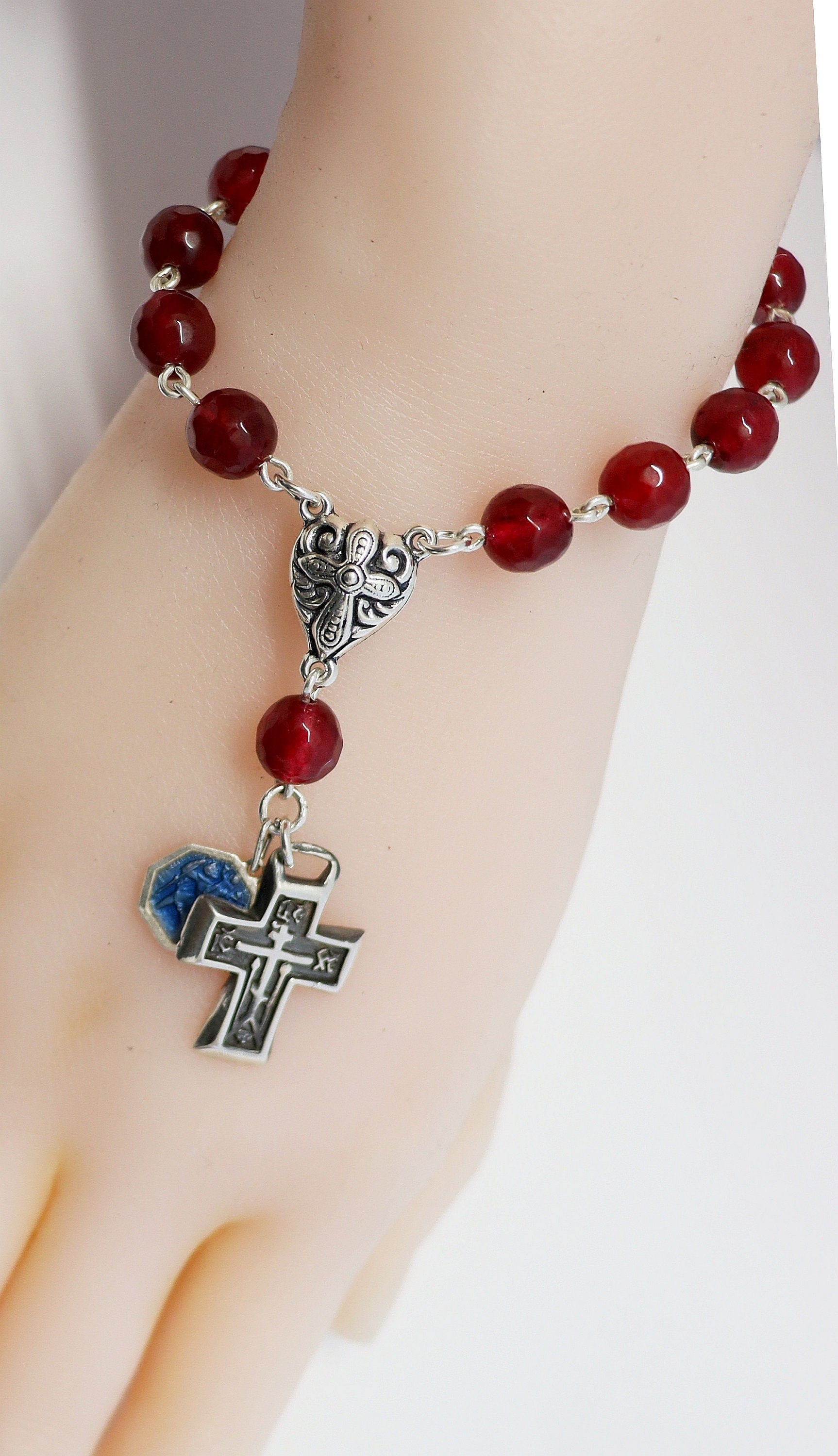 Catholic Rosary Bracelet Faceted Garnet & Sterling Silver