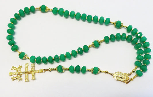 Catholic Rosary Genuine Faceted Emerald & Vermeil w Caravaca Cross