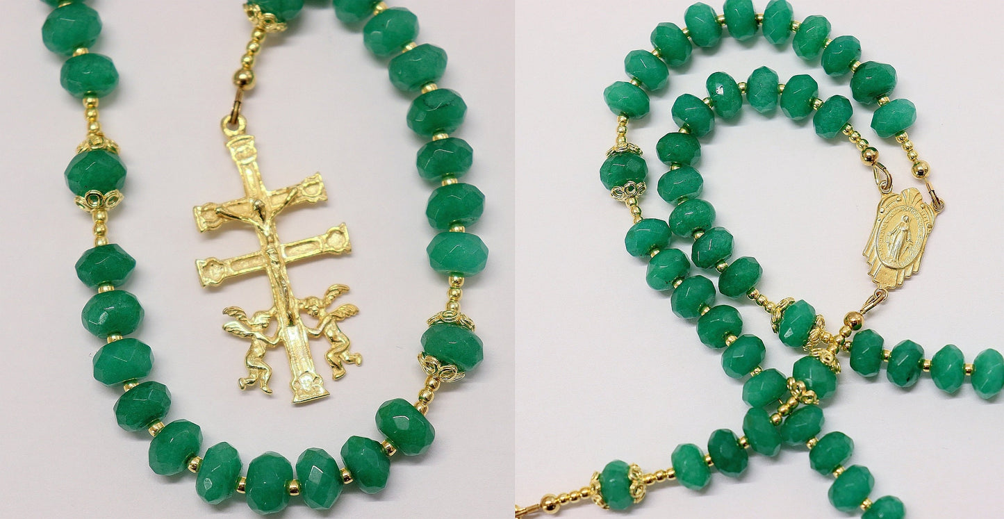 Catholic Rosary Genuine Faceted Emerald & Vermeil w Caravaca Cross