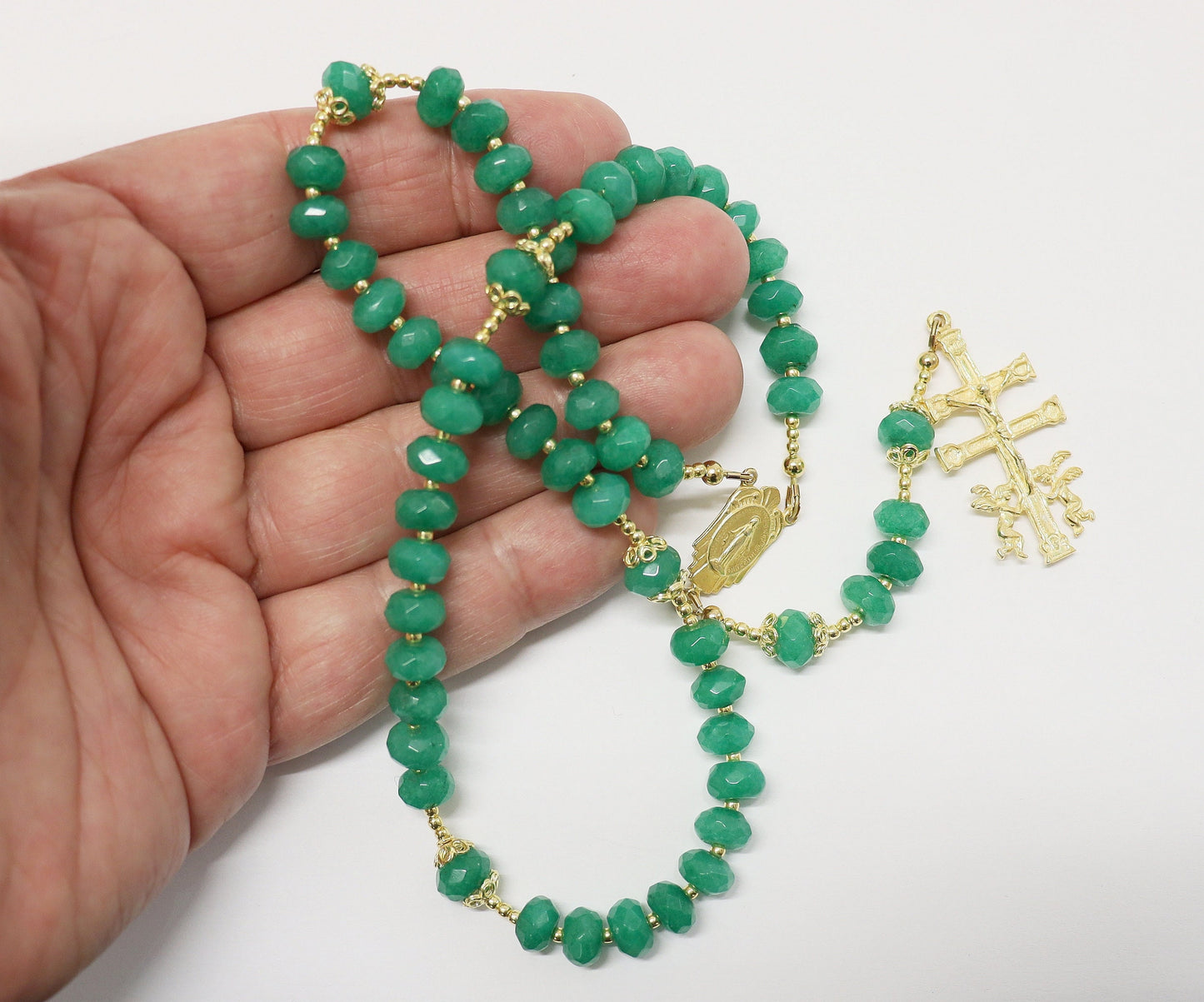 Catholic Rosary Genuine Faceted Emerald & Vermeil w Caravaca Cross