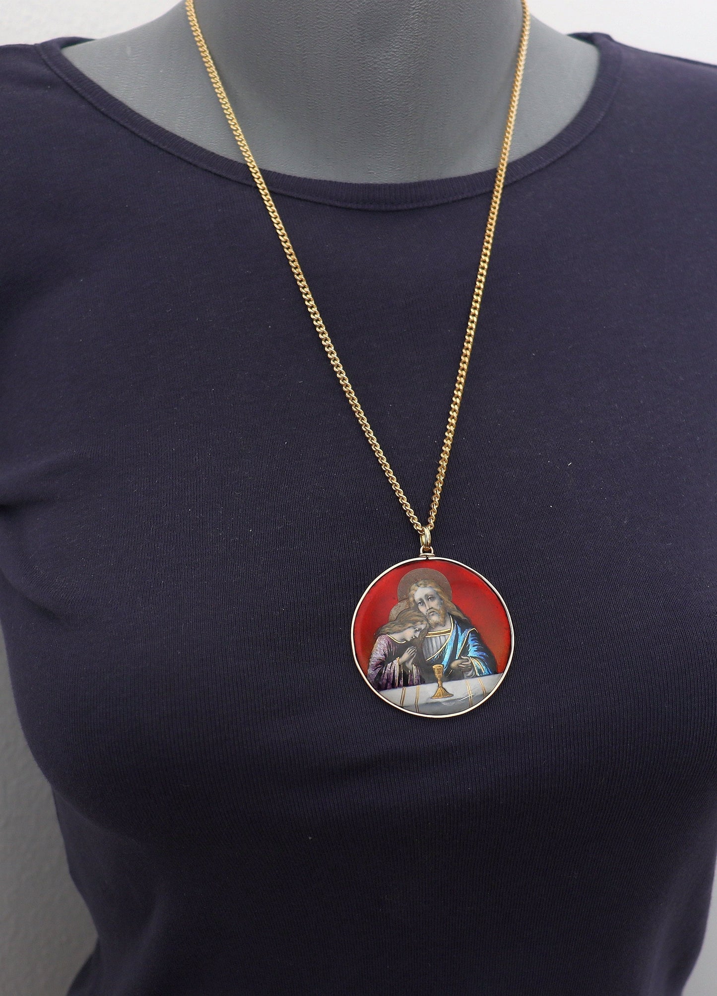 19th Century Limoges Enamel Medallion: Hand-Painted First Communion, 18K Gold Frame