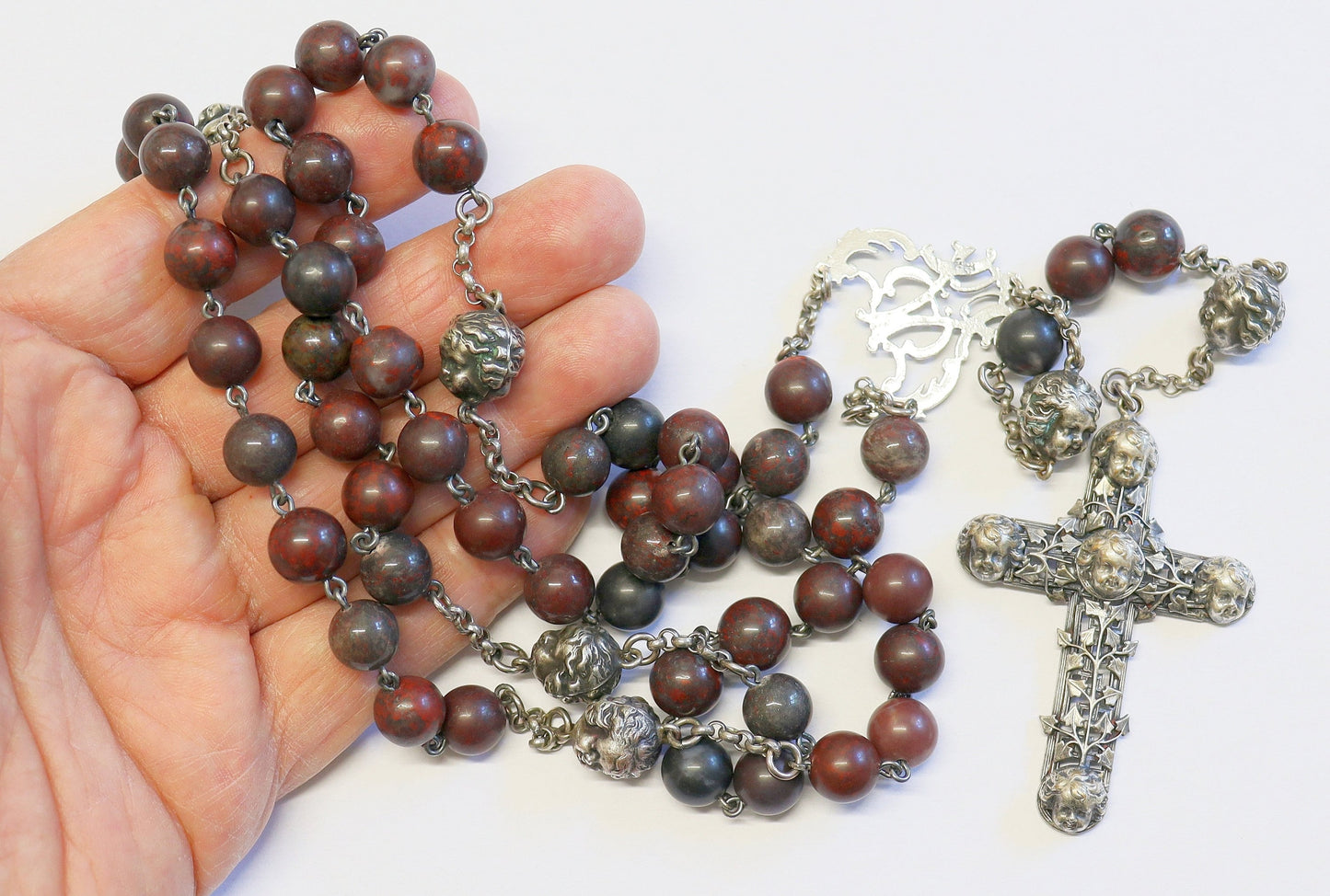 Bloodstone & Sterling Silver Vintage Catholic Rosary Early 20th Cent. - Unique Design.