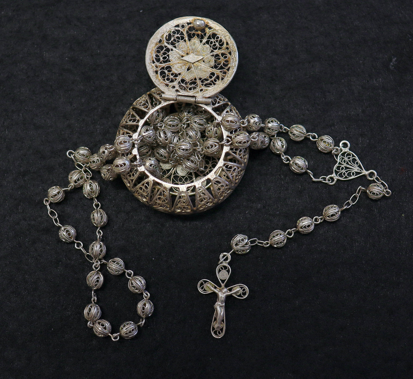 Vintage Sterling Silver Filigree Catholic Rosary and Round Box Set - Rare