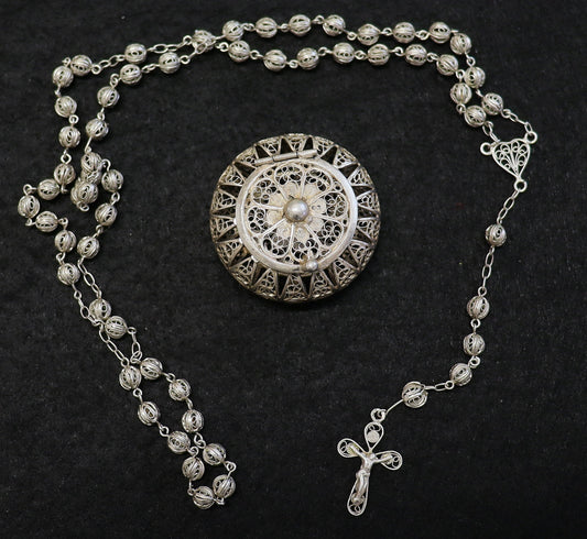 Vintage Sterling Silver Filigree Catholic Rosary and Round Box Set - Rare