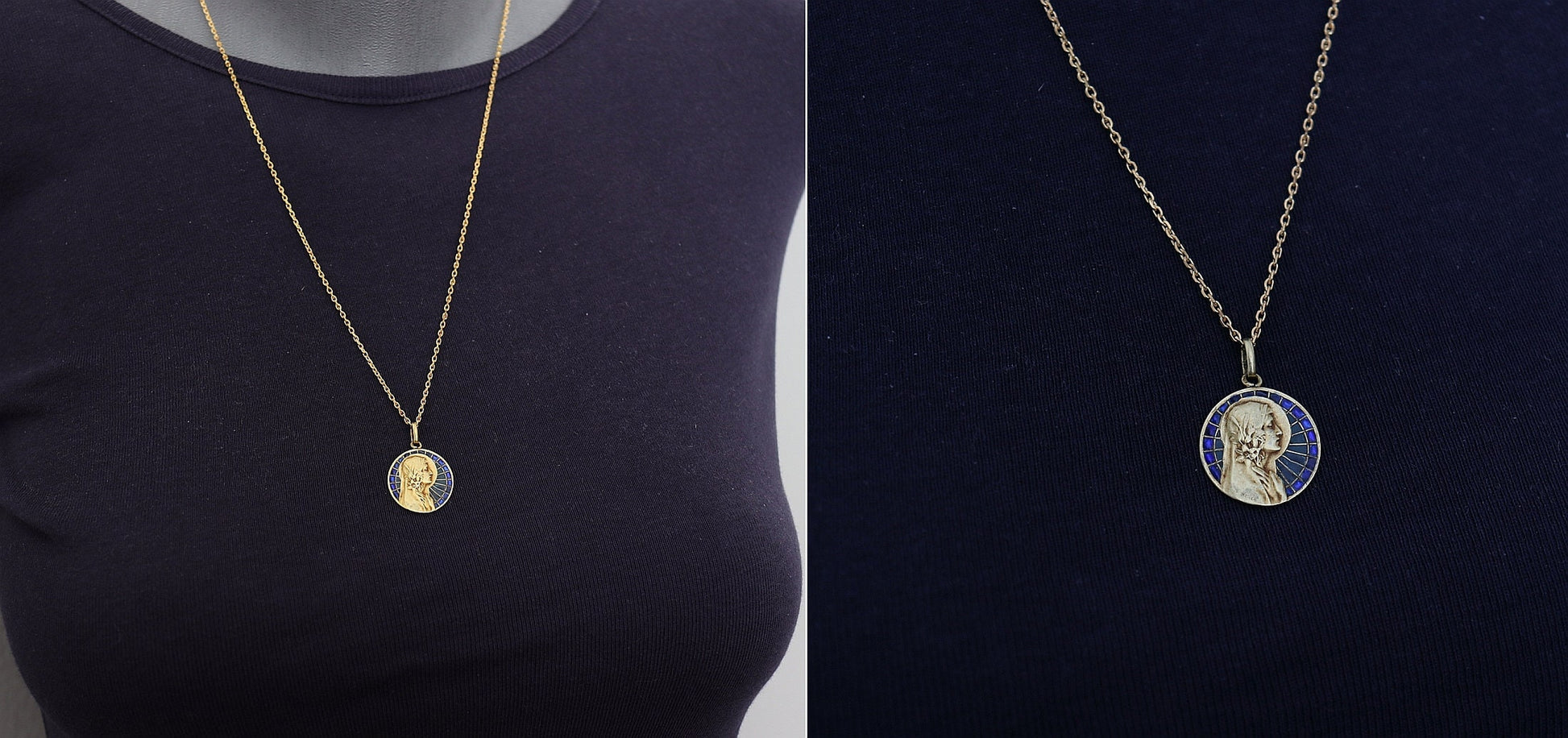 Art Deco Pendant 18 K Gold Plique-à-Jour Medal : Virgin Mary with lilies w Chain