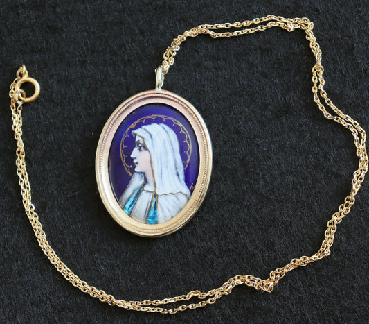 Virgin Medallion & Chain Hand Painted Limoges Enamel in 18 K. Gold Frame - 19th Cent