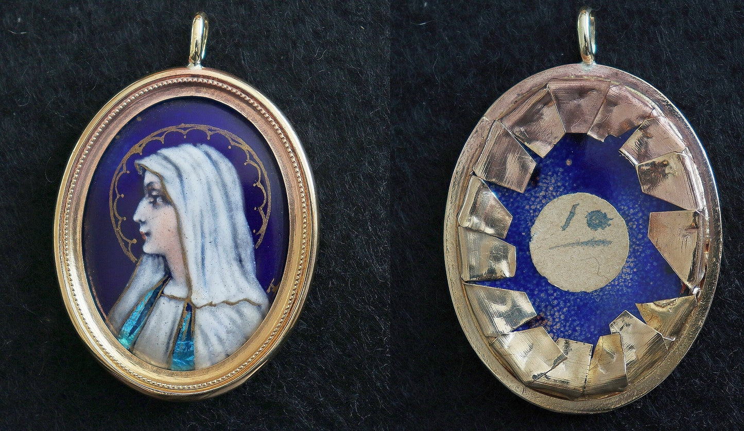 Virgin Medallion & Chain Hand Painted Limoges Enamel in 18 K. Gold Frame - 19th Cent