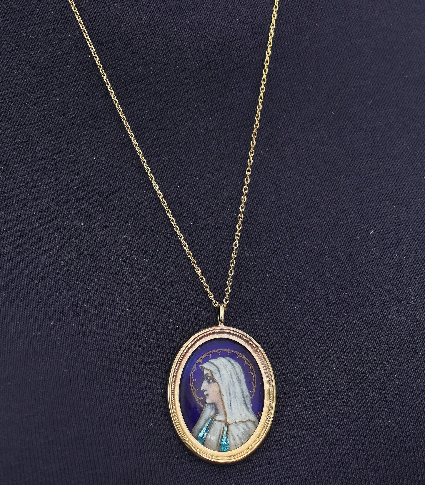 Virgin Medallion & Chain Hand Painted Limoges Enamel in 18 K. Gold Frame - 19th Cent